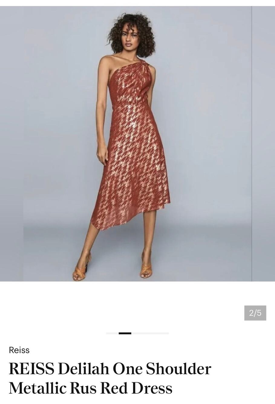 REISS Delilah One Shoulder Metallic Rust Red Dress